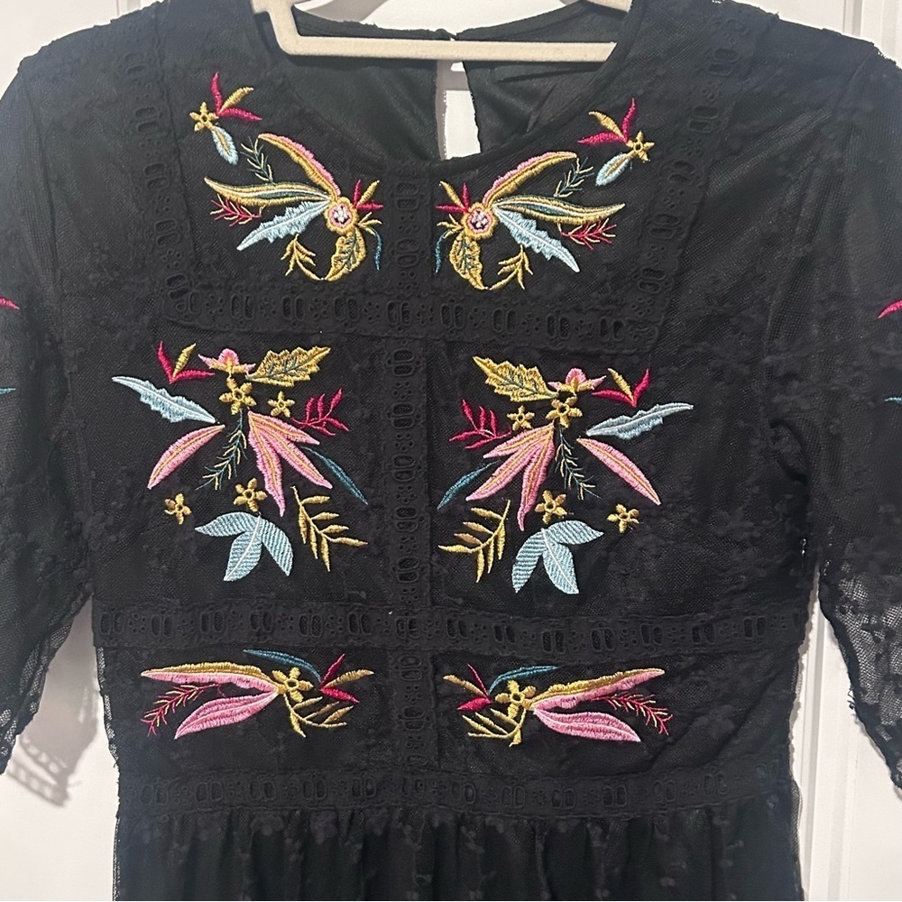 ROOLEE Black Dress with Multicolor Lace/Embroidery Size S - Picture 3 of 6